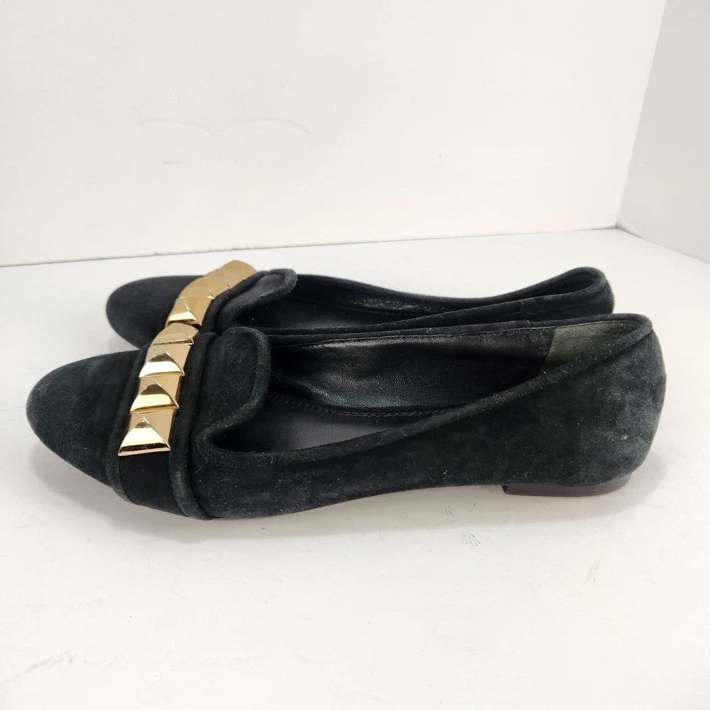 Tory Burch Women's 6.5M Black Suede Asher Studded Ballet Flats Gold Hardware
